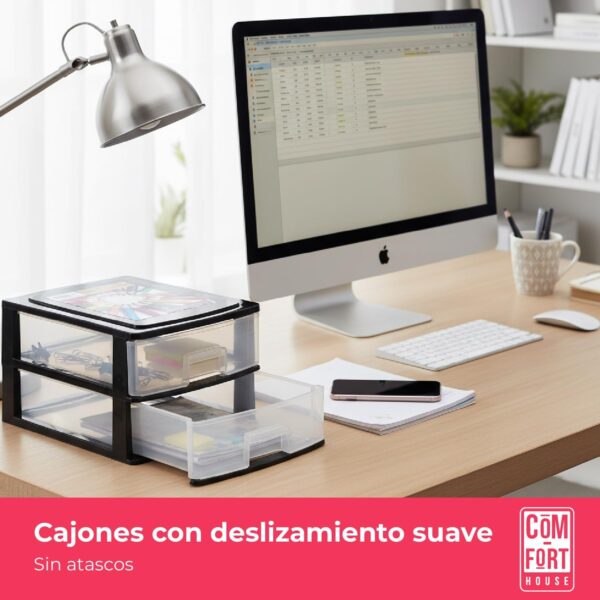COM-FORT HOUSE | Cajonera Apilable de Plástico | Modelo Transparente | Color Negro | Modelo de 2 Cajones | Cajones de Almacenamiento Modular