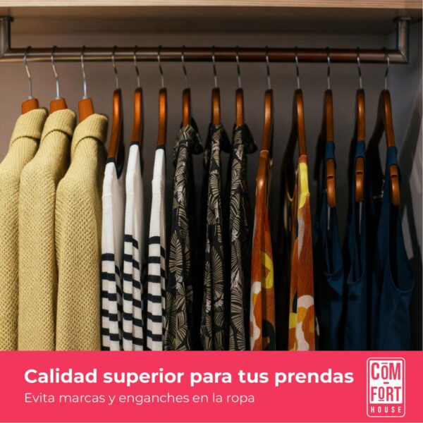 Pack de 10 Perchas de Madera Maciza Nogal con Gancho Giratorio 360° y Muescas Antideslizantes - con Barra para Pantalones - Alta Resistencia