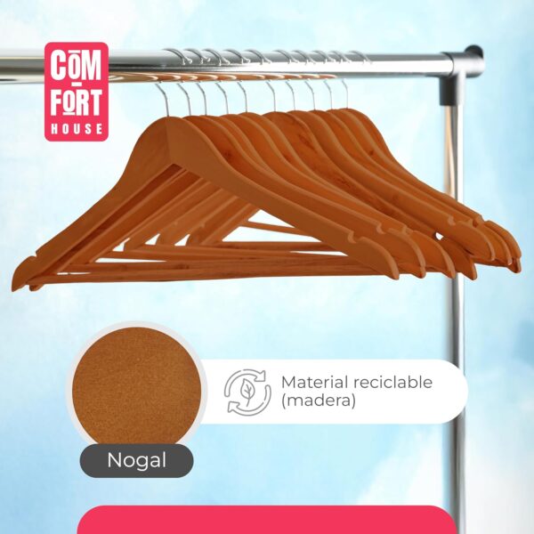 Pack de 10 Perchas de Madera Maciza Nogal con Gancho Giratorio 360° y Muescas Antideslizantes - con Barra para Pantalones - Alta Resistencia