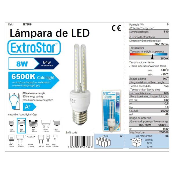 Bombilla LED Tipo Maíz U2 | Tipo de Luz: Cálida | Bombillas de Eficiencia Energética Pack de 6 y 12 unidades |